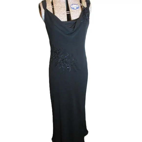 Adrianna Papell Black Chiffon Gown Floral Applique Beads EUC Whimsigoth Cowl - Picture 2 of 16